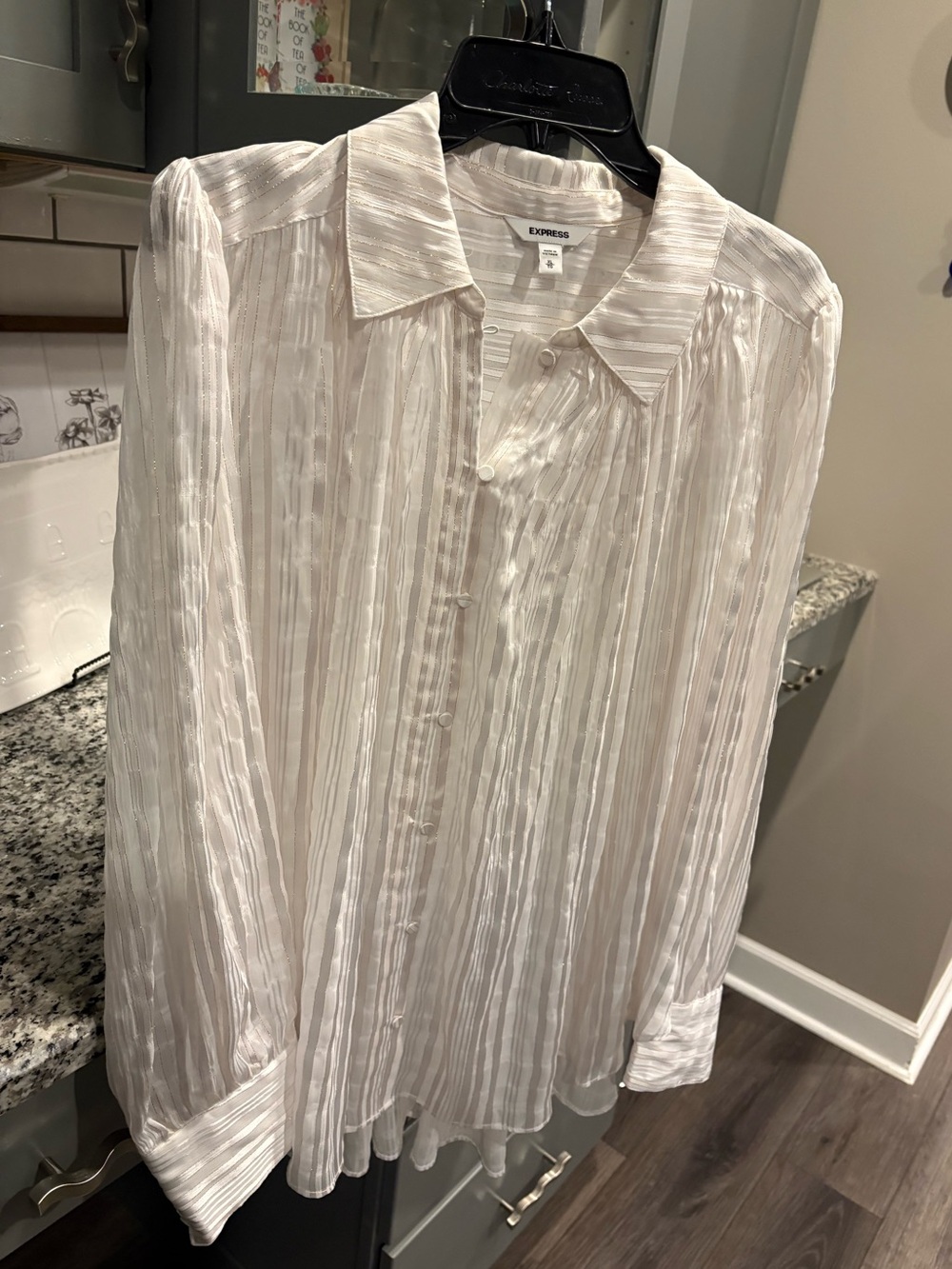 Express White and Gold Sheer Striped Button-Up Shirt